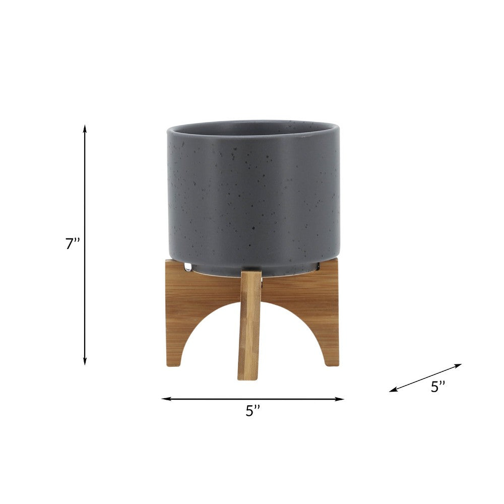 Indoor Planter on Natural Light Brown Wood Stand | 7" Gray Ceramic