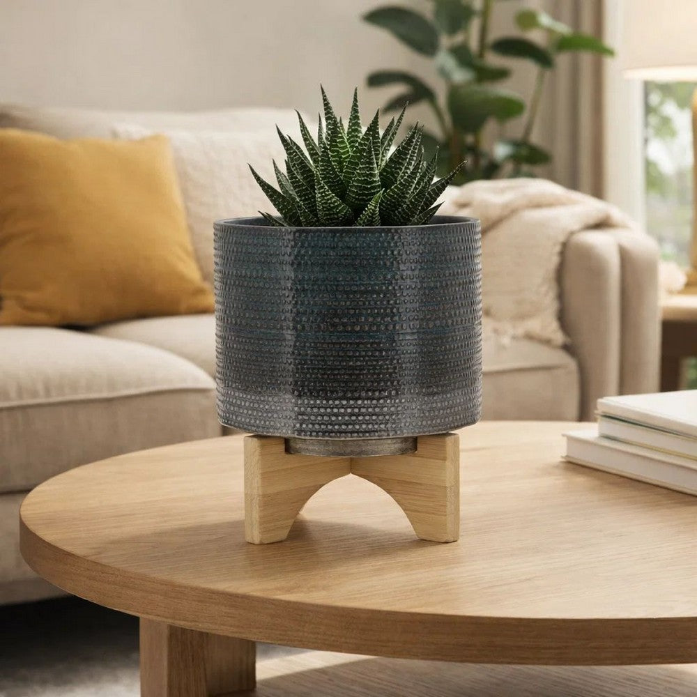 Indoor Planter on Natural Light Brown Wood Stand | 7" Gray Ceramic