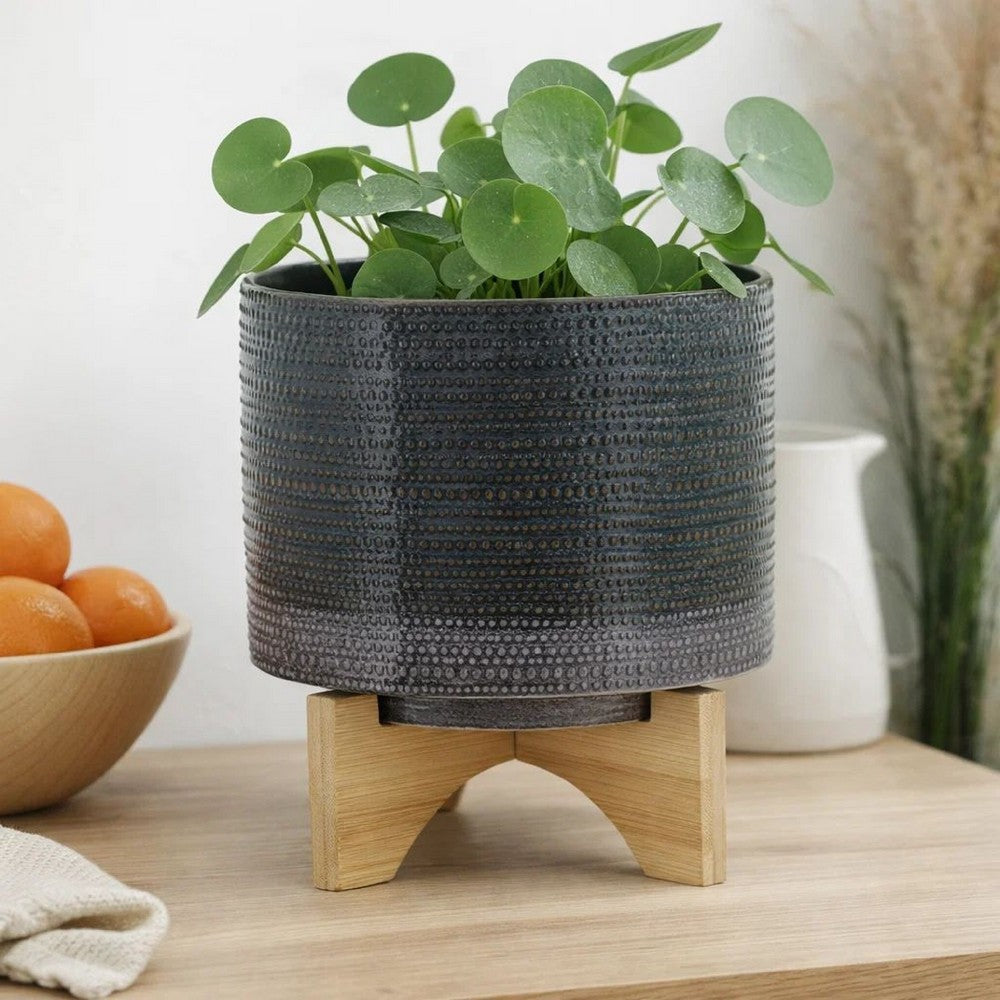 Indoor Planter on Natural Light Brown Wood Stand | 7" Gray Ceramic