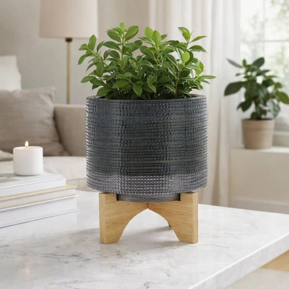 Indoor Planter on Natural Light Brown Wood Stand | 7" Gray Ceramic