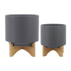 Set of 2 Indoor Planter on Natural Brown Wood Stand | 12" Gray Ceramic