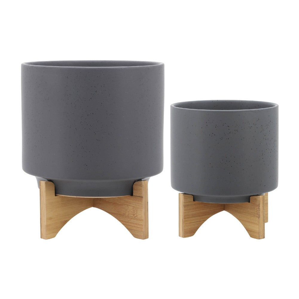 Set of 2 Indoor Planter on Natural Brown Wood Stand | 12" Gray Ceramic
