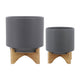 Set of 2 Indoor Planter on Natural Brown Wood Stand | 12" Gray Ceramic