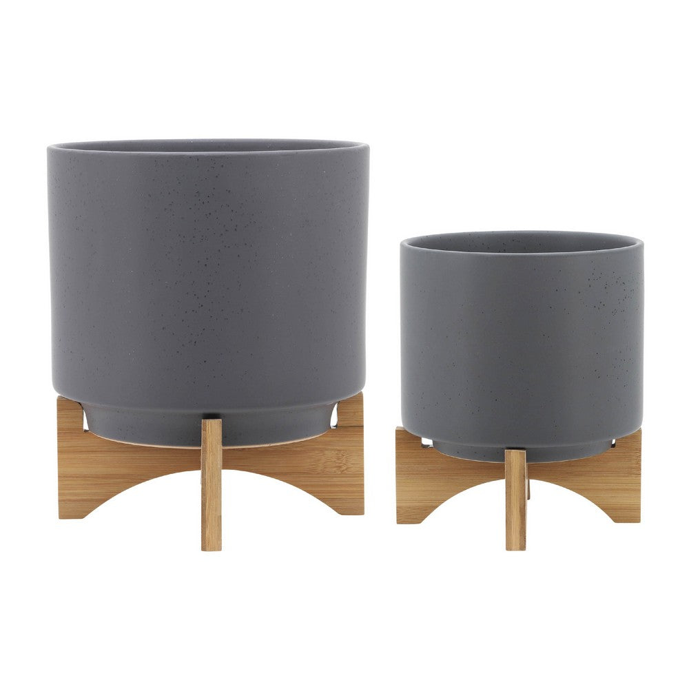 Set of 2 Indoor Planter on Natural Brown Wood Stand | 12" Gray Ceramic