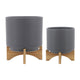 Set of 2 Indoor Planter on Natural Brown Wood Stand | 12" Gray Ceramic