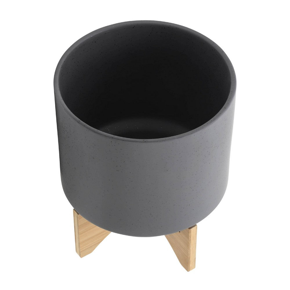 Set of 2 Indoor Planter on Natural Brown Wood Stand | 12" Gray Ceramic