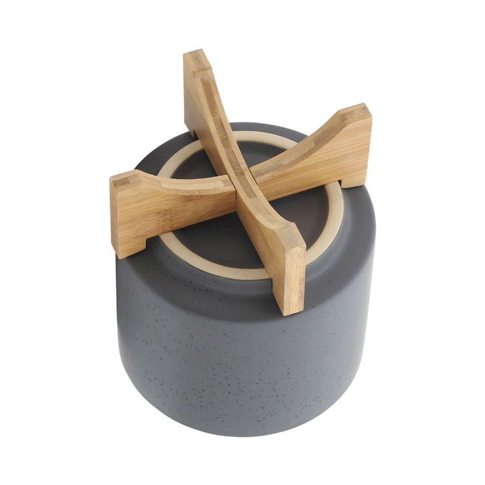 Set of 2 Indoor Planter on Natural Brown Wood Stand | 12" Gray Ceramic