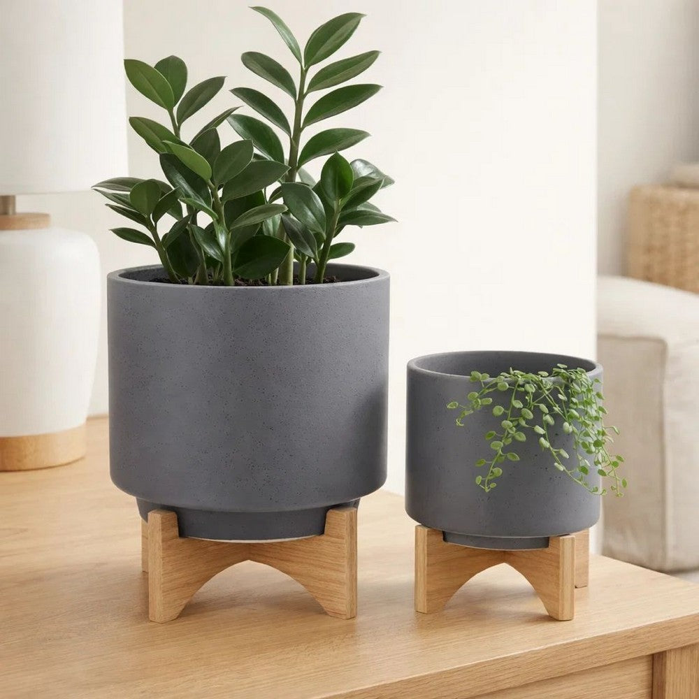 Set of 2 Indoor Planter on Natural Brown Wood Stand | 12" Gray Ceramic