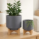 Set of 2 Indoor Planter on Natural Brown Wood Stand | 12" Gray Ceramic