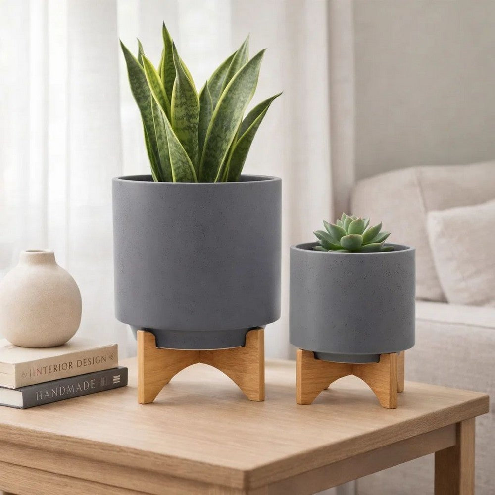 Set of 2 Indoor Planter on Natural Brown Wood Stand | 12" Gray Ceramic