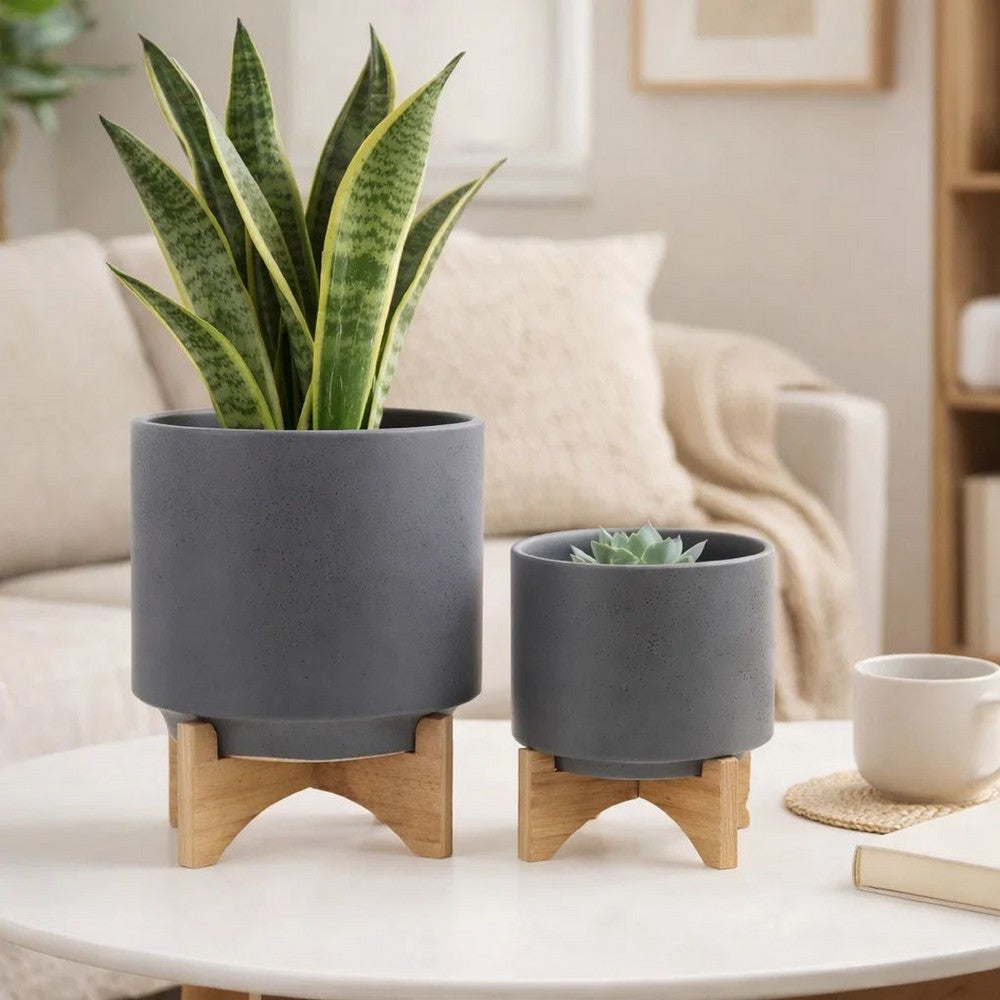 Set of 2 Indoor Planter on Natural Brown Wood Stand | 12" Gray Ceramic