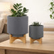 Set of 2 Indoor Planter on Natural Brown Wood Stand | 12" Gray Ceramic