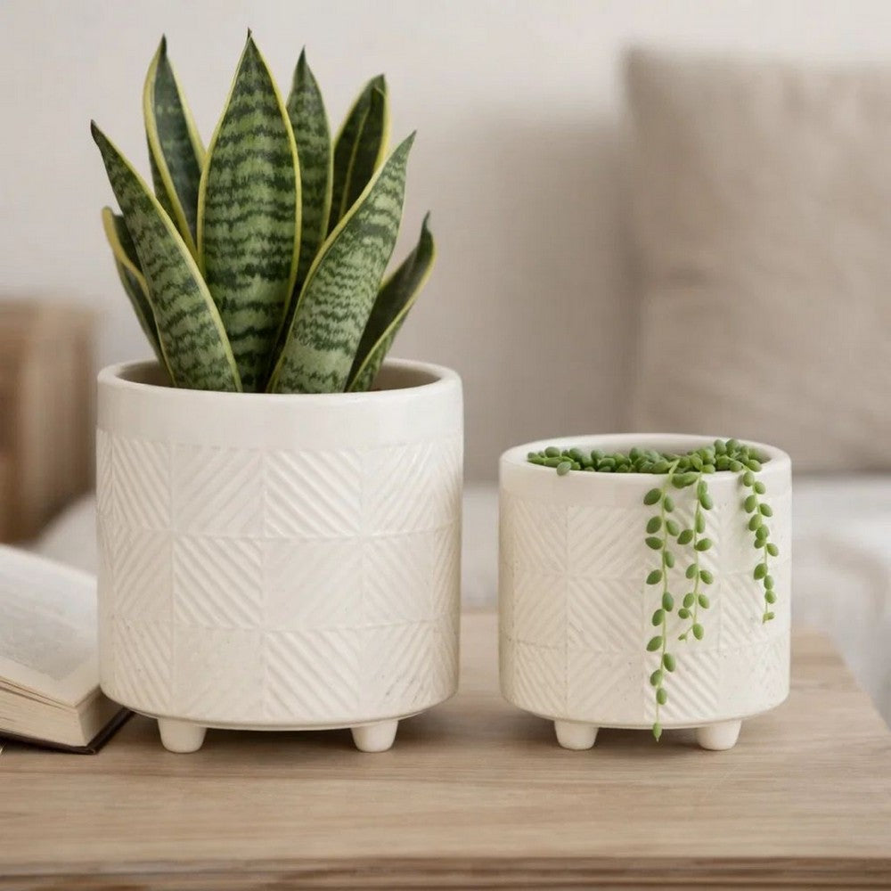 Garden Planter Set of 2 | Glossy White Diamond Patterned Ceramic Body