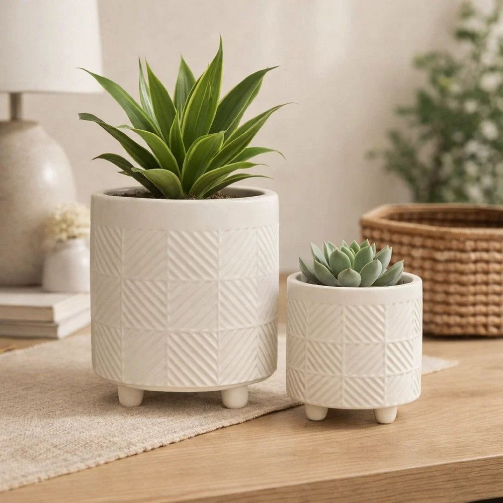 Garden Planter Set of 2 | Glossy White Diamond Patterned Ceramic Body
