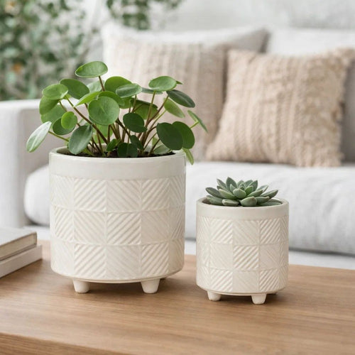 Garden Planter Set of 2 | Glossy White Diamond Patterned Ceramic Body