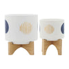 Funky Planter Set of 2 | Wood Stand | Blue Gold Stripes on White Ceramic