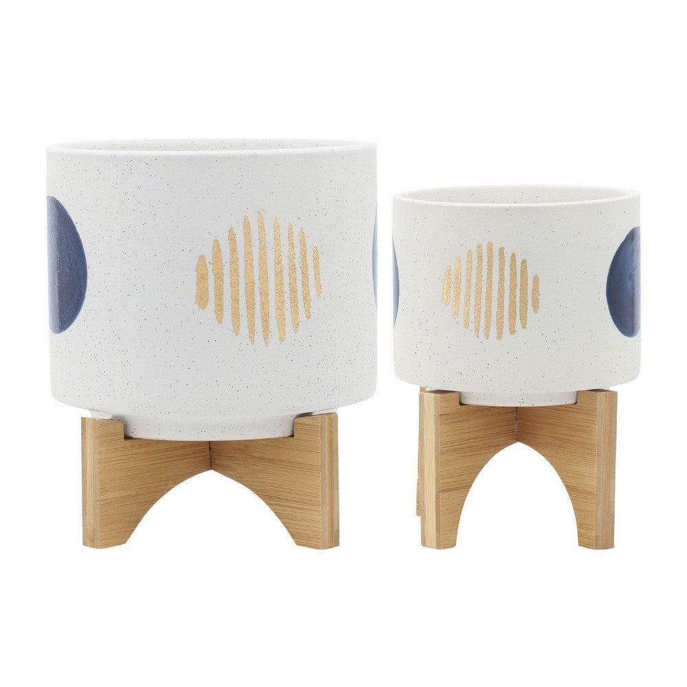 Funky Planter Set of 2 | Wood Stand | Blue Gold Stripes on White Ceramic