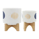 Funky Planter Set of 2 | Wood Stand | Blue Gold Stripes on White Ceramic