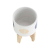 Funky Planter Set of 2 | Wood Stand | Blue Gold Stripes on White Ceramic