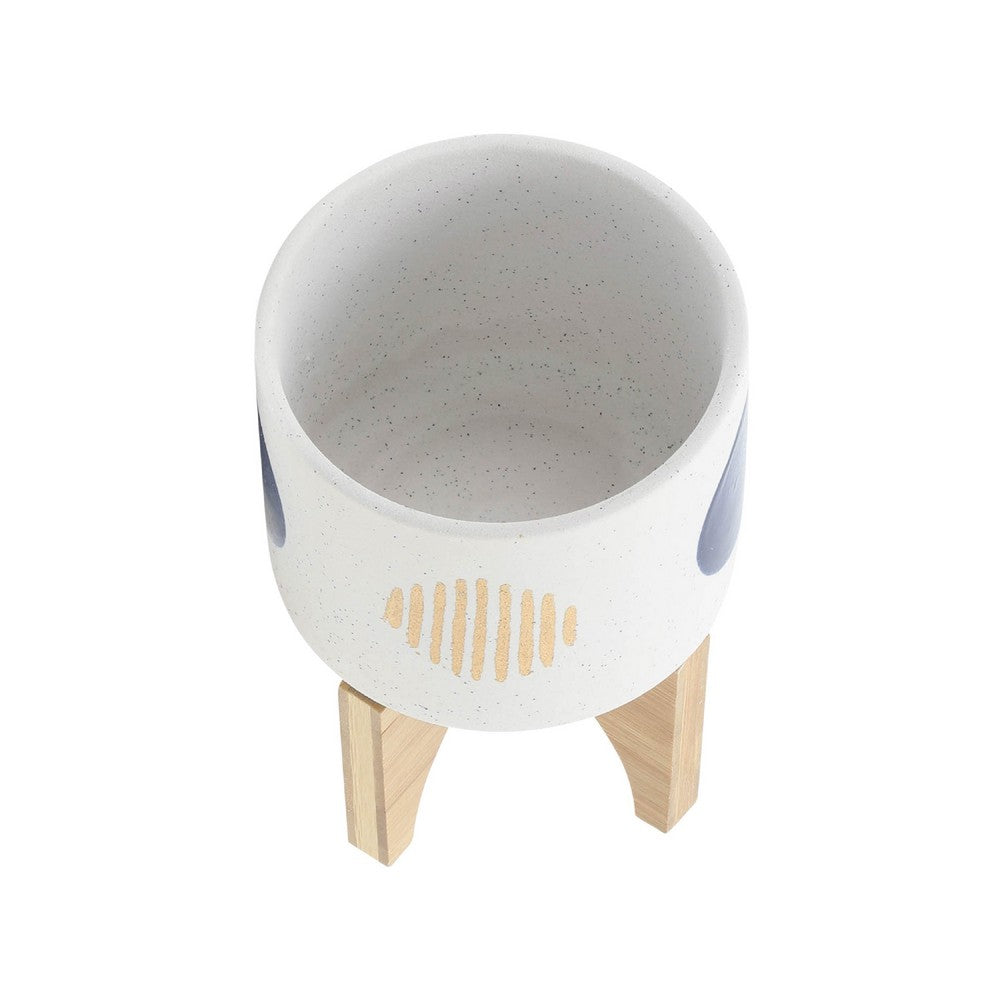 Funky Planter Set of 2 | Wood Stand | Blue Gold Stripes on White Ceramic