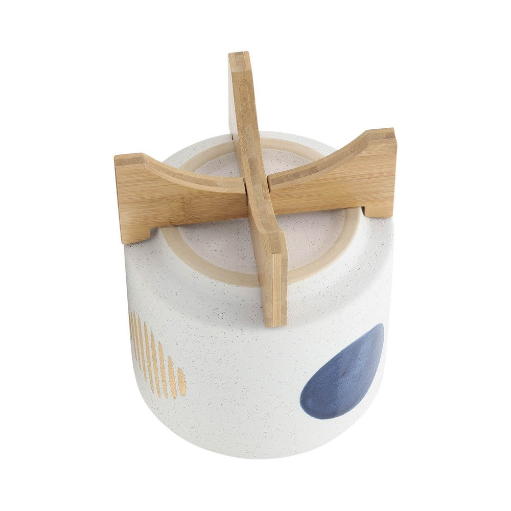 Funky Planter Set of 2 | Wood Stand | Blue Gold Stripes on White Ceramic