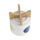 Funky Planter Set of 2 | Wood Stand | Blue Gold Stripes on White Ceramic