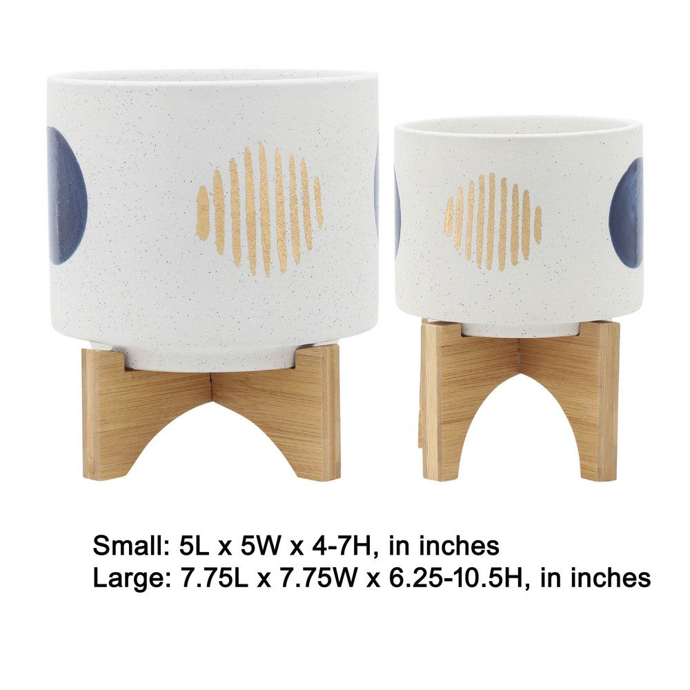 Funky Planter Set of 2 | Wood Stand | Blue Gold Stripes on White Ceramic