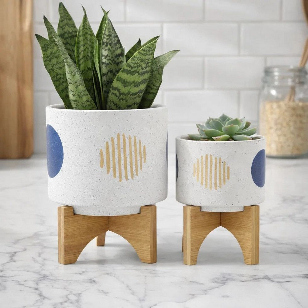 Funky Planter Set of 2 | Wood Stand | Blue Gold Stripes on White Ceramic