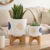 Funky Planter Set of 2 | Wood Stand | Blue Gold Stripes on White Ceramic