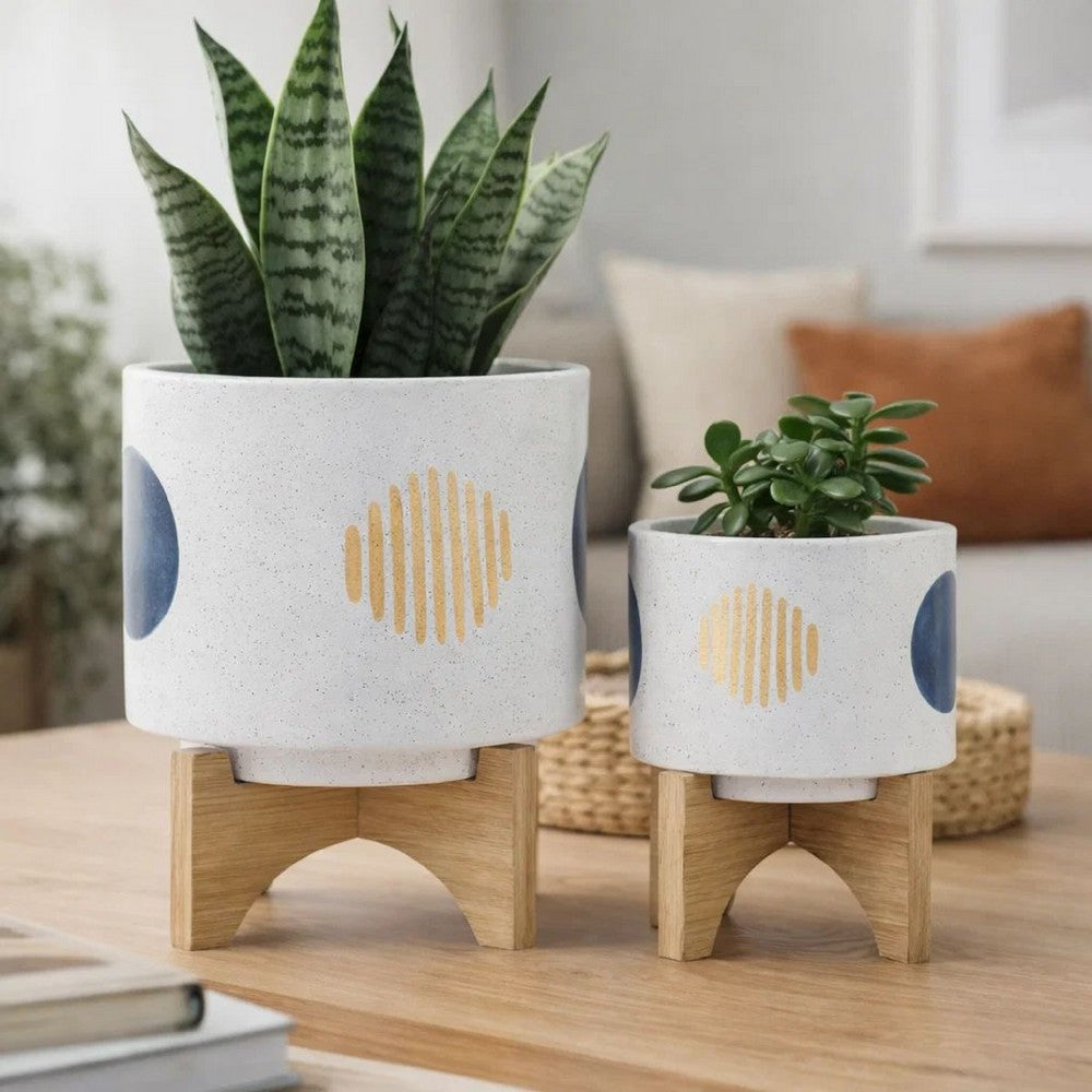 Funky Planter Set of 2 | Wood Stand | Blue Gold Stripes on White Ceramic