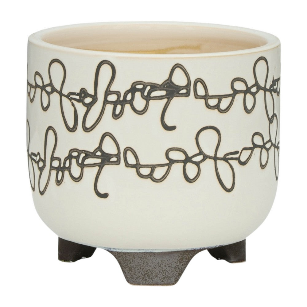 Garden Footed Planter Set of 2 | Black Scribble Pattern | Beige Ceramic