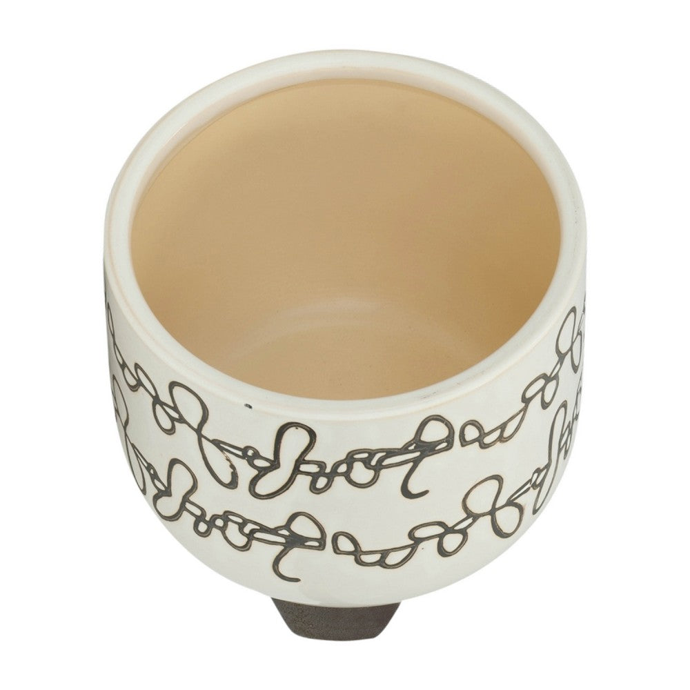Garden Footed Planter Set of 2 | Black Scribble Pattern | Beige Ceramic