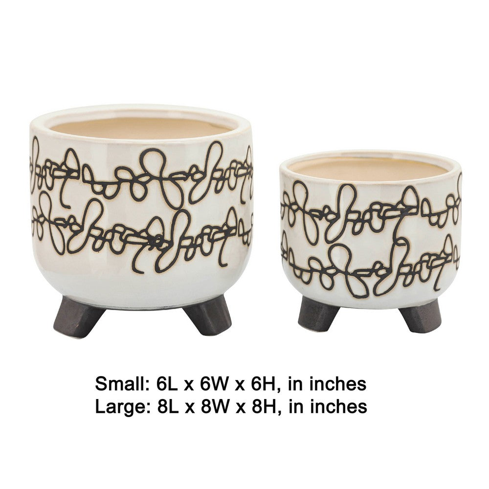 Garden Footed Planter Set of 2 | Black Scribble Pattern | Beige Ceramic