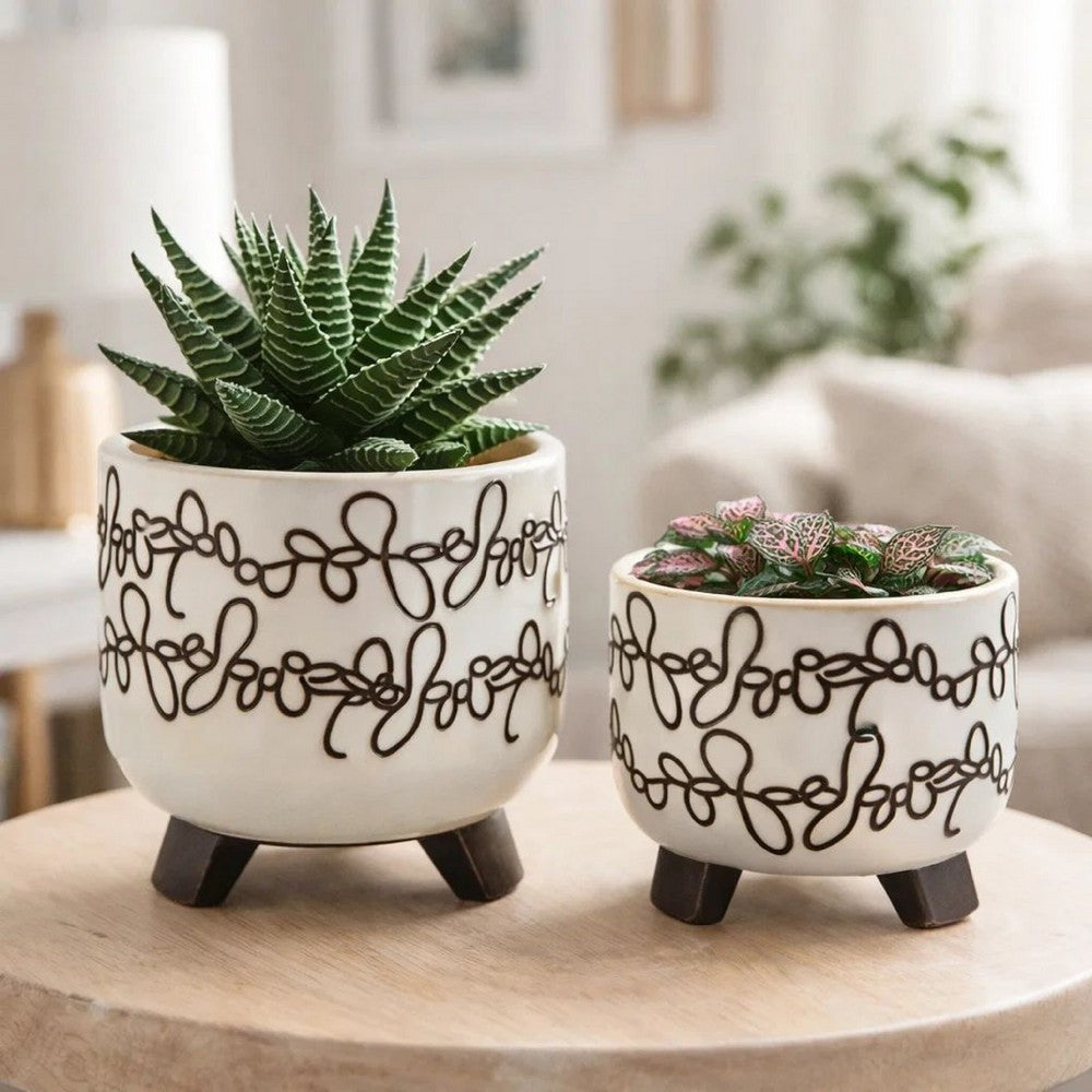 Garden Footed Planter Set of 2 | Black Scribble Pattern | Beige Ceramic