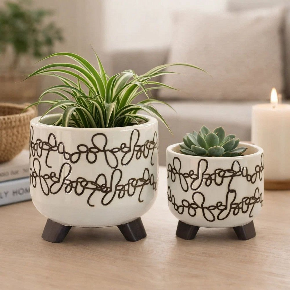 Garden Footed Planter Set of 2 | Black Scribble Pattern | Beige Ceramic