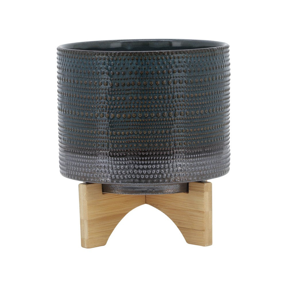 Indoor Planter with Wood Stand | Slate Gray Dotted Ceramic | 10"