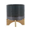 Indoor Planter with Wood Stand | Slate Gray Dotted Ceramic | 10"