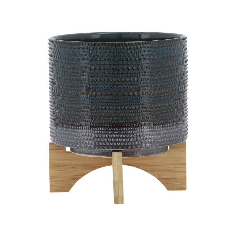 Indoor Planter with Wood Stand | Slate Gray Dotted Ceramic | 10"