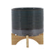 Indoor Planter with Wood Stand | Slate Gray Dotted Ceramic | 10"