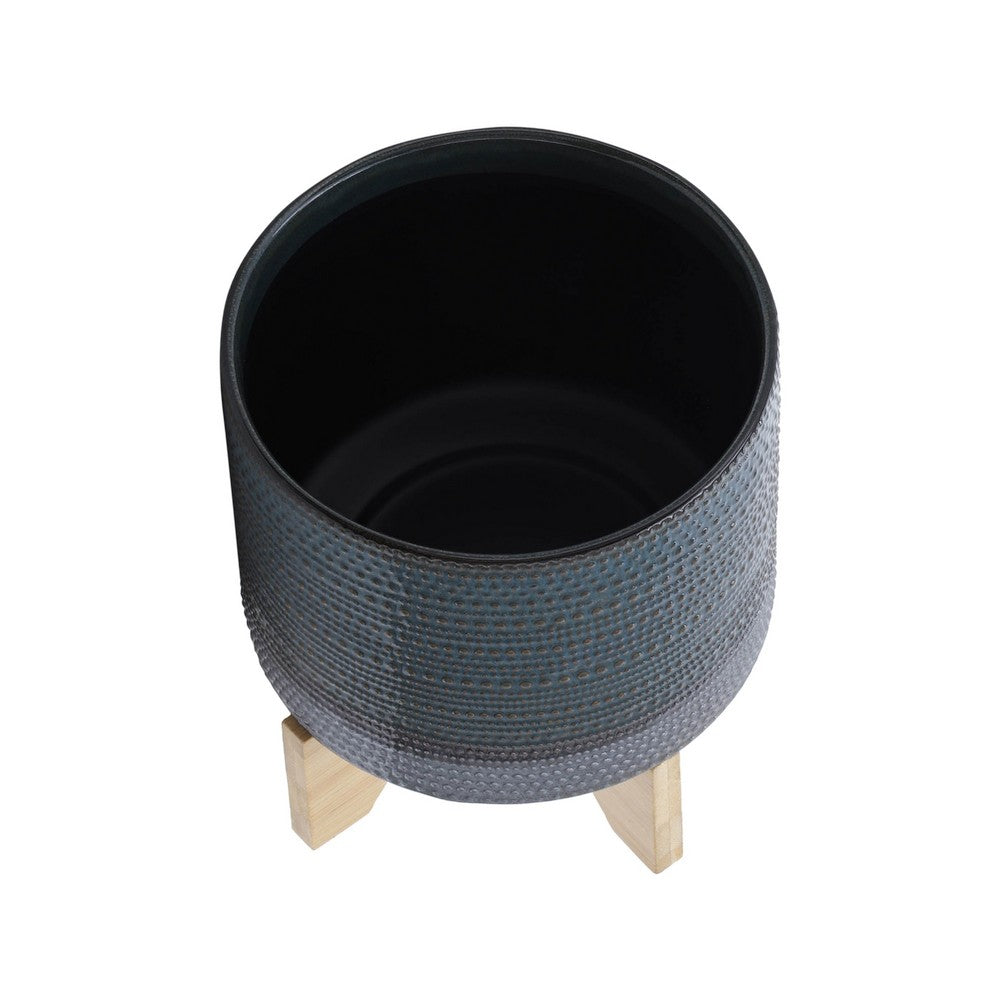 Indoor Planter with Wood Stand | Slate Gray Dotted Ceramic | 10"