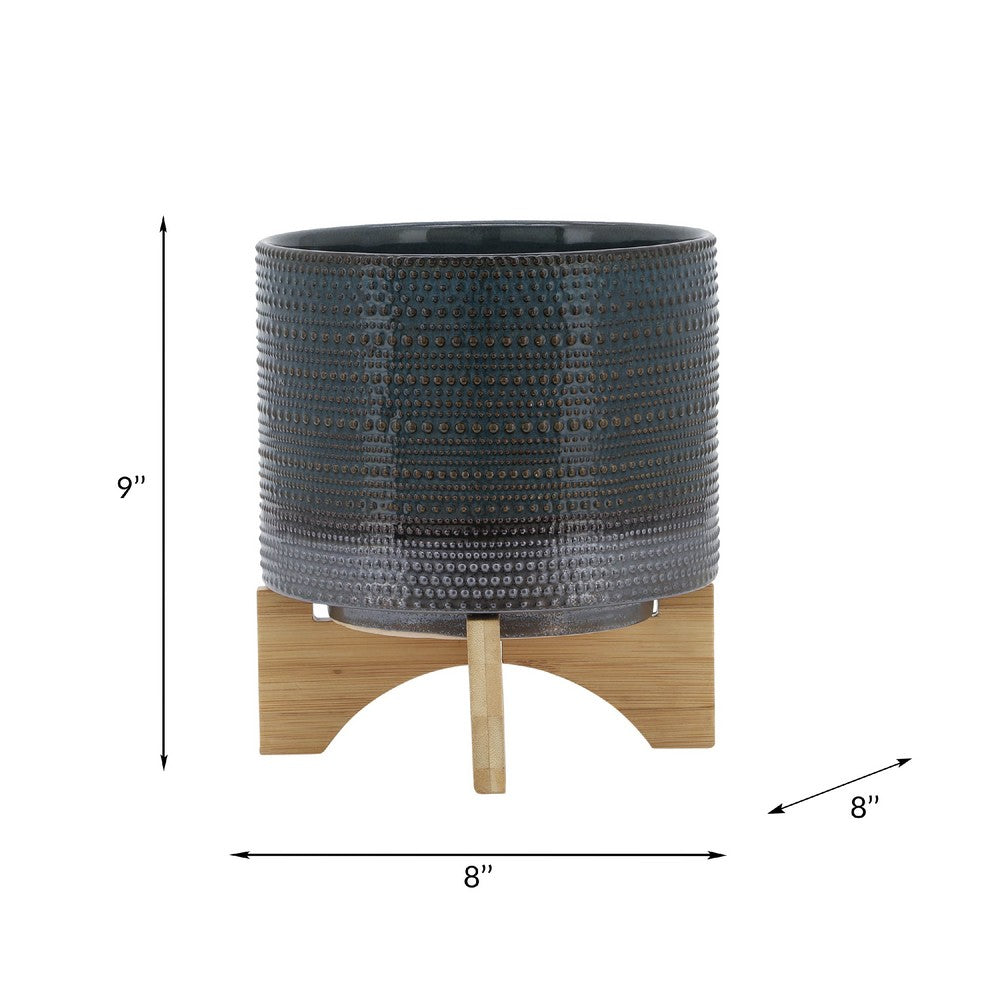 Indoor Planter with Wood Stand | Slate Gray Dotted Ceramic | 10"