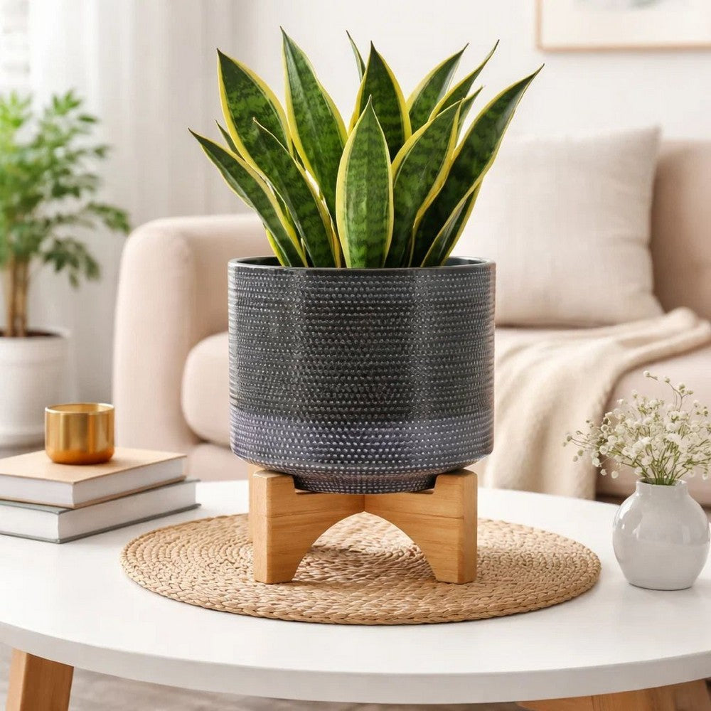 Indoor Planter with Wood Stand | Slate Gray Dotted Ceramic | 10"