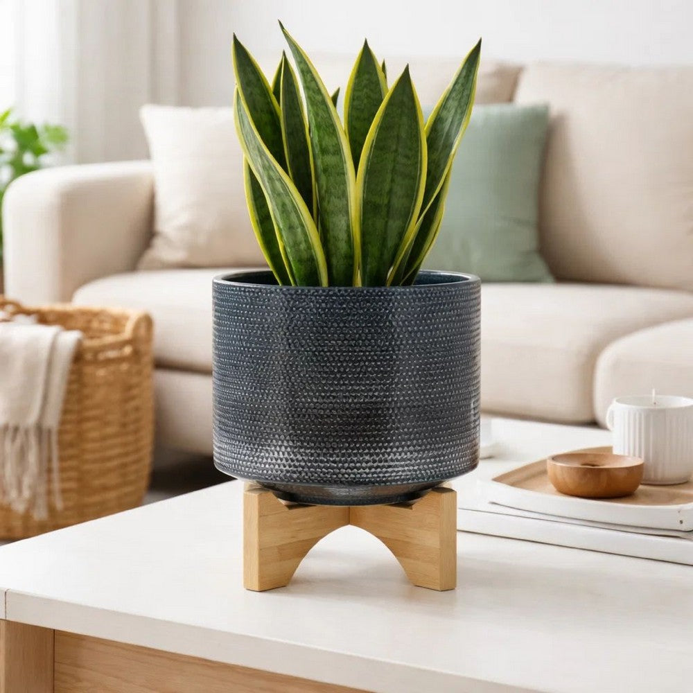 Indoor Planter with Wood Stand | Slate Gray Dotted Ceramic | 10"