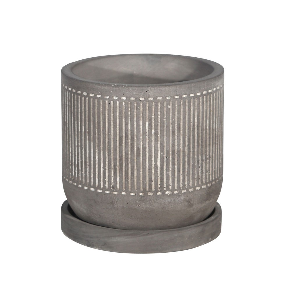 Indoor Planter with Saucer | White Line Pattern | 6" Gray Cement