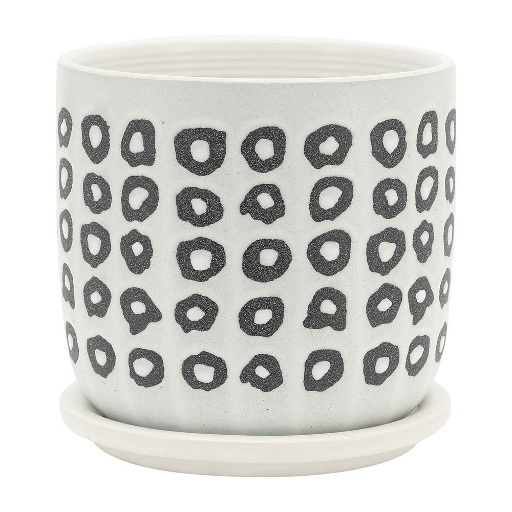 Indoor Planter with Saucer | White Line Pattern | 6" Gray Cement