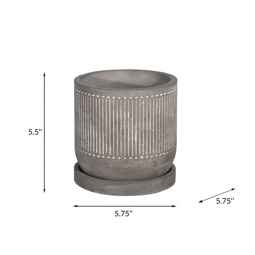 Indoor Planter with Saucer | White Line Pattern | 6" Gray Cement
