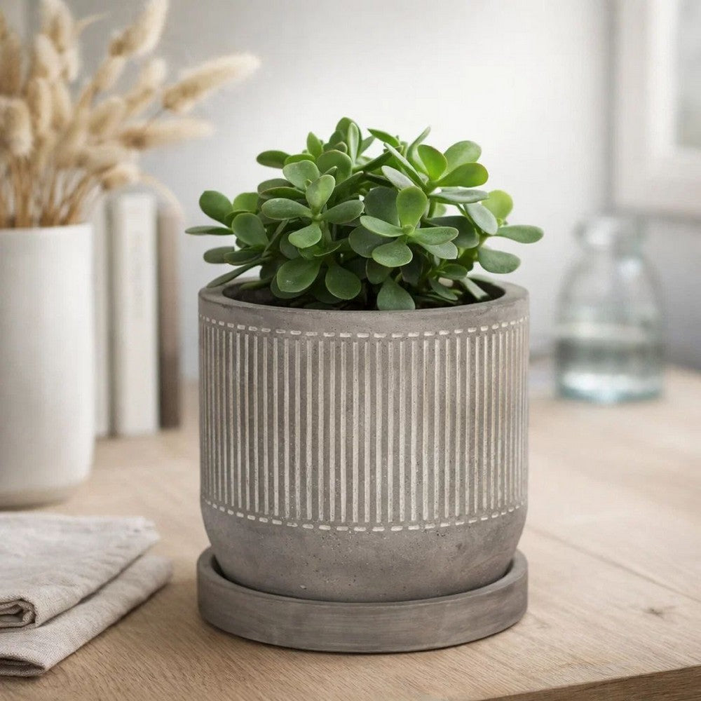 Indoor Planter with Saucer | White Line Pattern | 6" Gray Cement