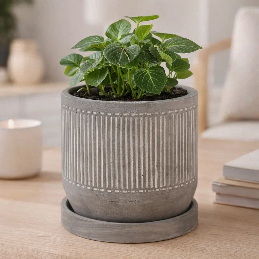 Indoor Planter with Saucer | White Line Pattern | 6" Gray Cement