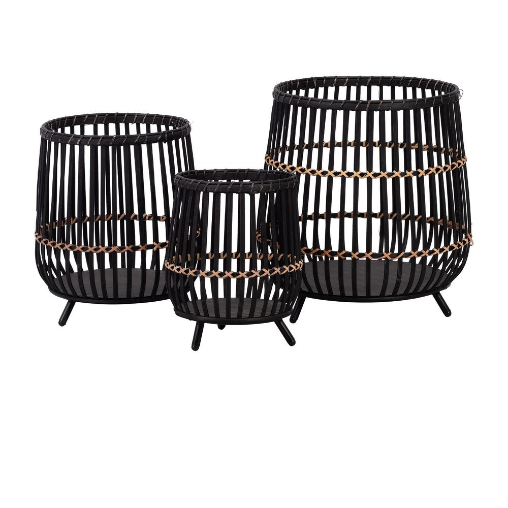 3pc Indoor Basket Planters with Metal Stands | Bohemian Black Bamboo