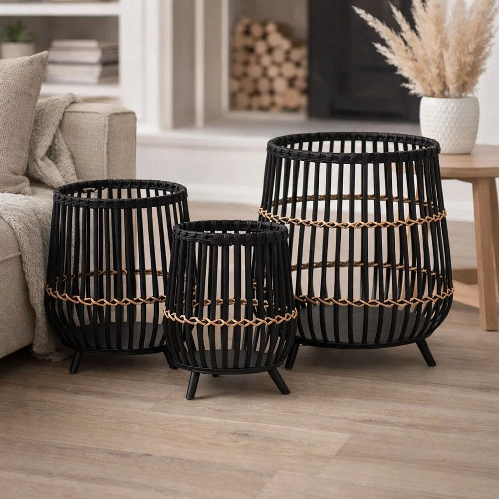 3pc Indoor Basket Planters with Metal Stands | Bohemian Black Bamboo